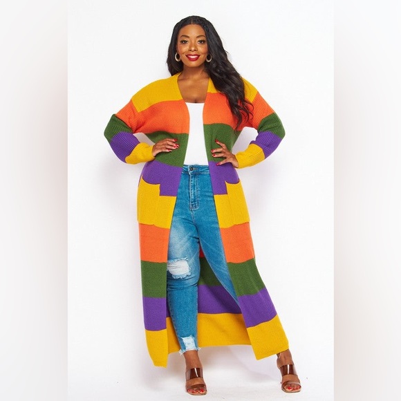 Sweaters - #76 Autumn Stripe Maxi Cardigan-Plus Size